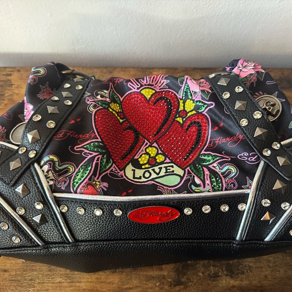 Ed Hardy Black Studded Shoulder Bag Canvas w/ Vegan Leather Rhinestone Heart NWT - Picture 3 of 12